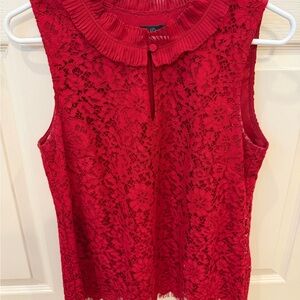 J. Crew Red Lace Sleeveless Blouse with Pleated Neck